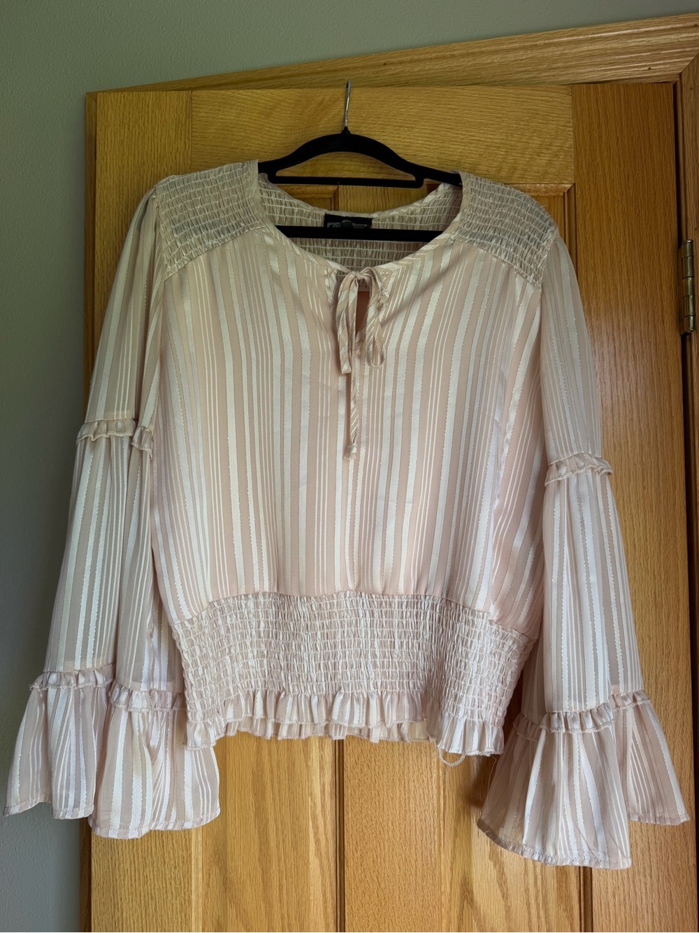 Angie Striped Smocked Waist Boho Blouse Bell Sleeve Peasant Top Medium Pink